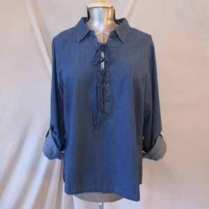 Blue Denim Lace-Up Blouse Plus Sizes